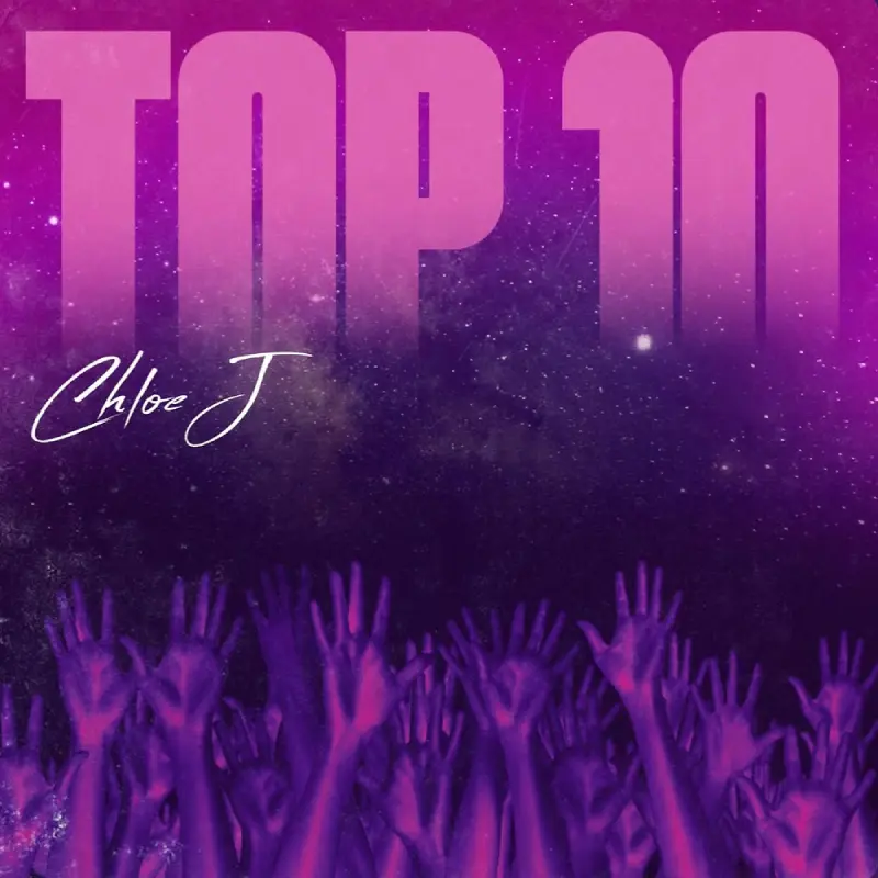 A purple and pink background with the words top 1 0 written in front of a crowd.
