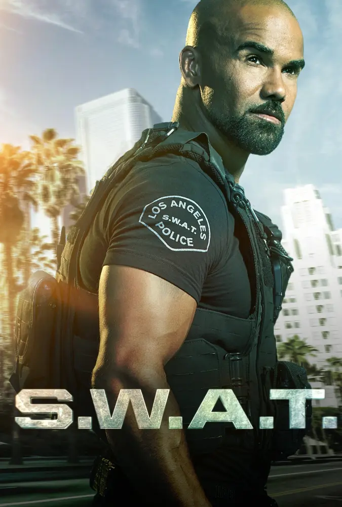 A poster of s. W. A. T. With a cop in uniform